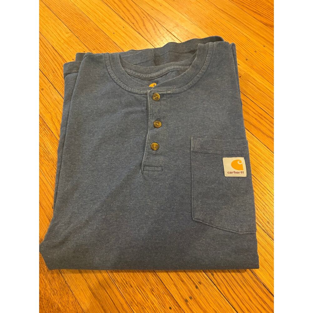 Carhartt Henley Shirt Men’s Large Blue Pocket Logo Workwear Casual